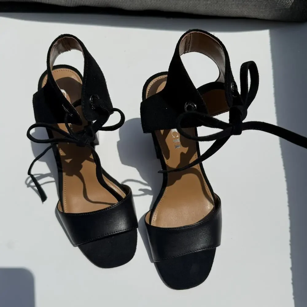 6.5 COACH black SUEDE LEATHER Ankle Tie WOMENS PLATFORM HEELS SHOES